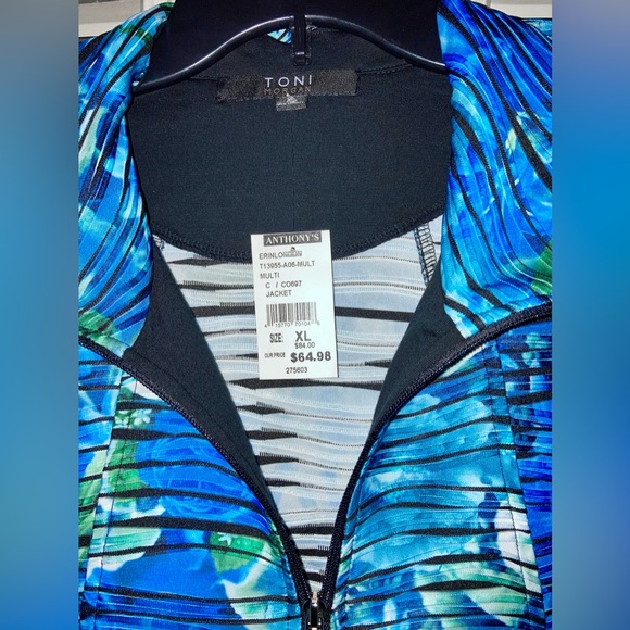 Toni Morgan Size XL Jacket 3/4 Sleeves Blue/Green Crinkle Print - Picture 2 of 5